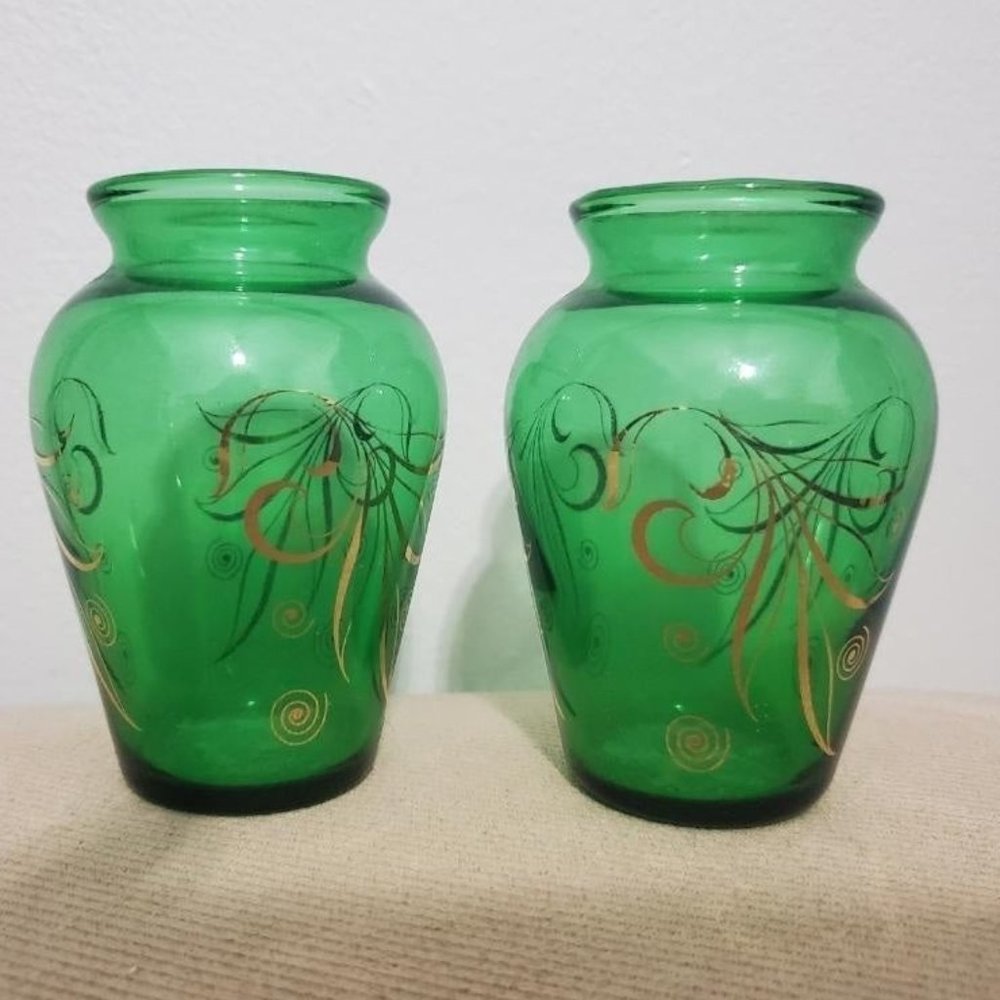 MCM Mini Vases by Anchor Hocking Emerald Green and Gold Vintage 1950s Set of 2